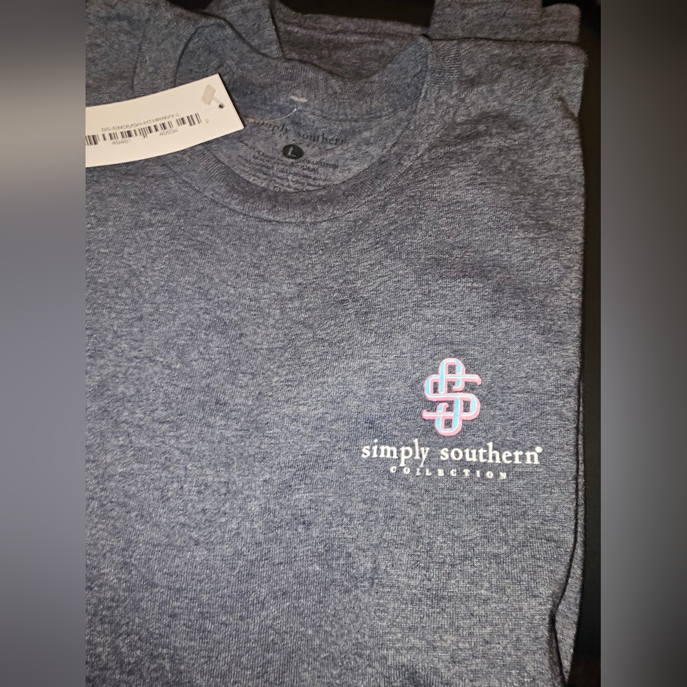 Simply Southern Heathered Blue Shirt with Pink Emblem - Picture 2 of 2